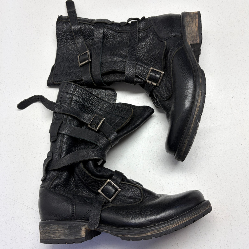 Steve Madden Banddit Combat Boot Women 7.5 Black Leather Multi Strap Buckle